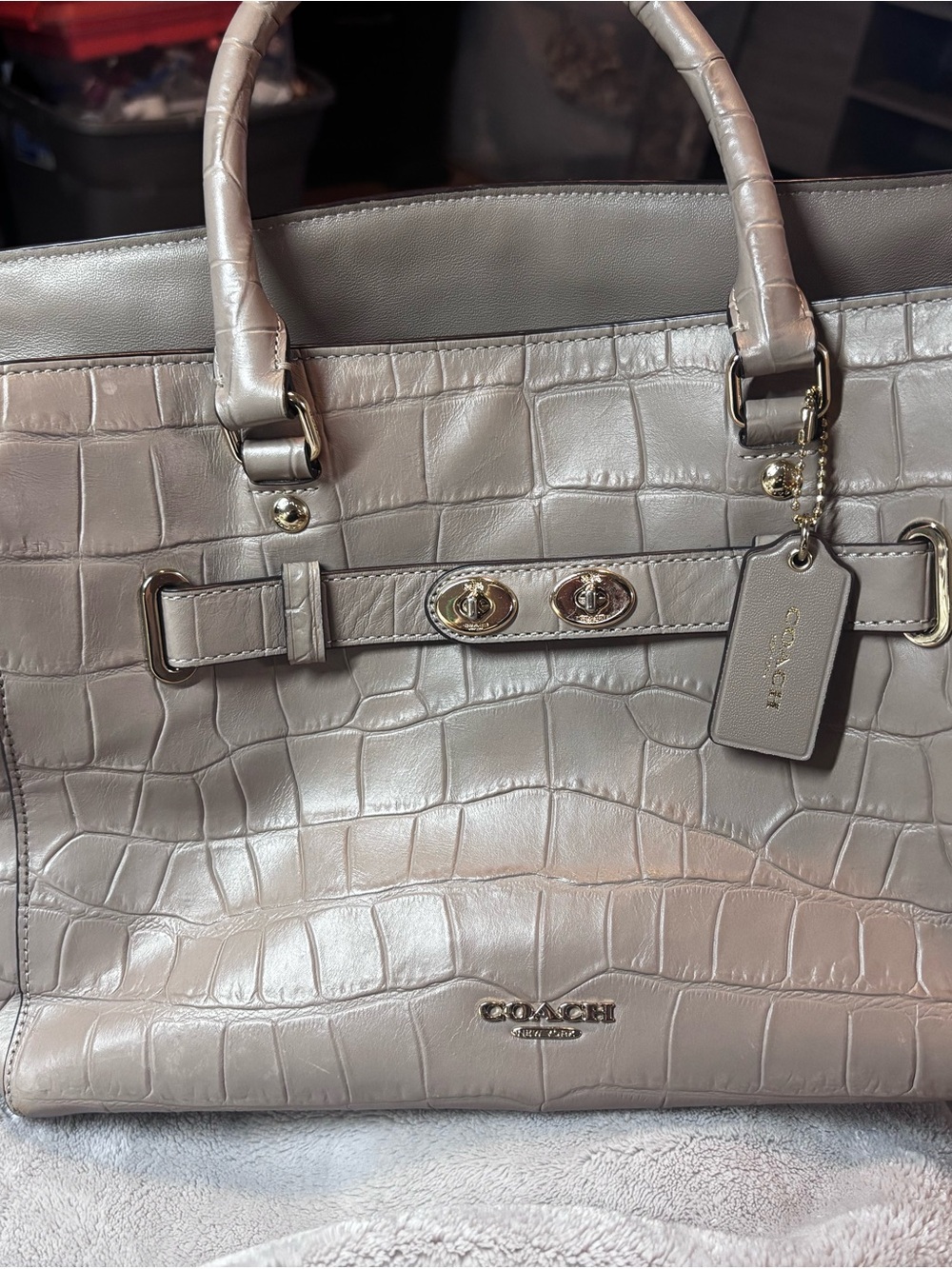 COACH Blake Carryall F37099 Croc Embossed Leather Satchel Crossbody Taupe